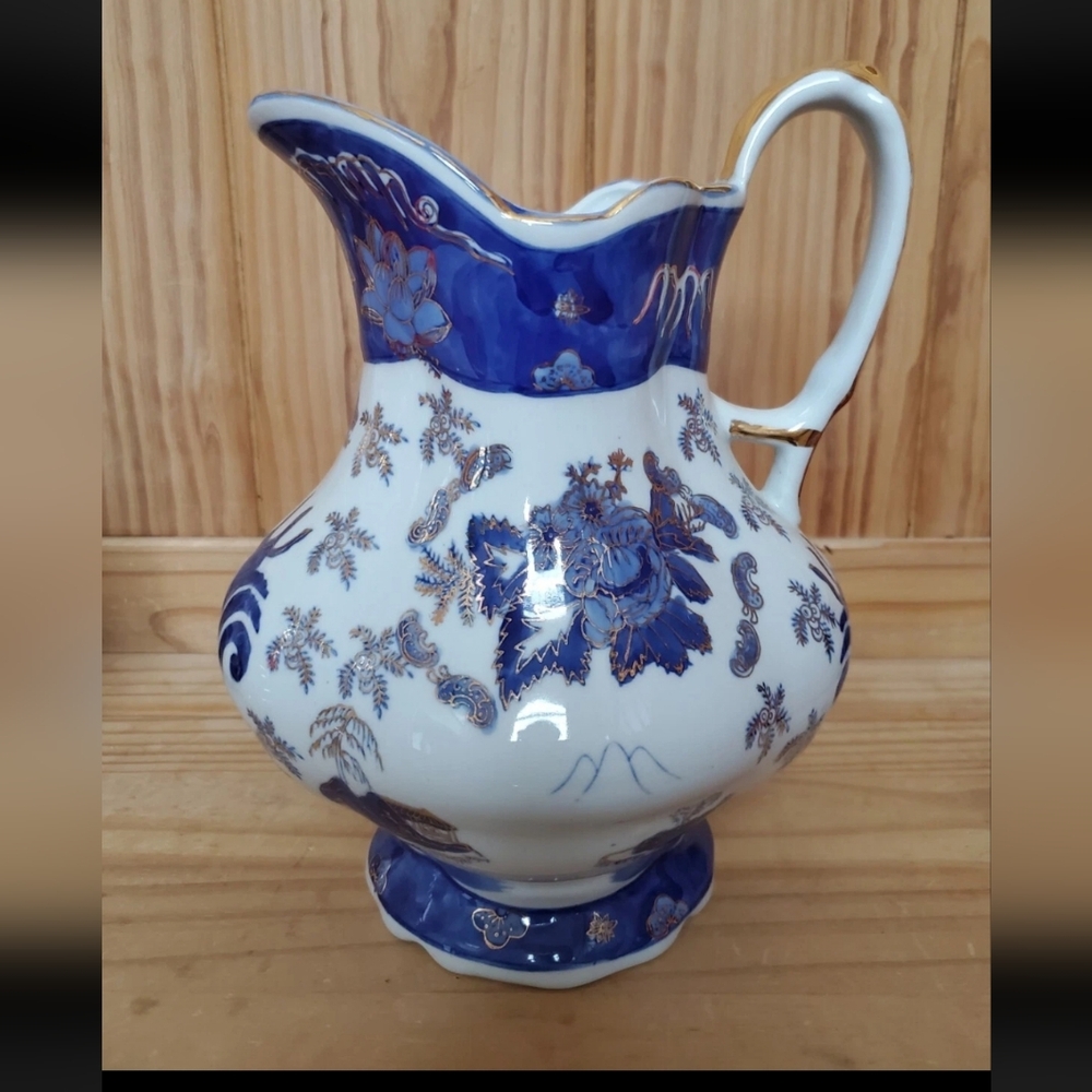 Victoria Ware Ironstone Repro Blue and White Floral Pitcher Gold Accents